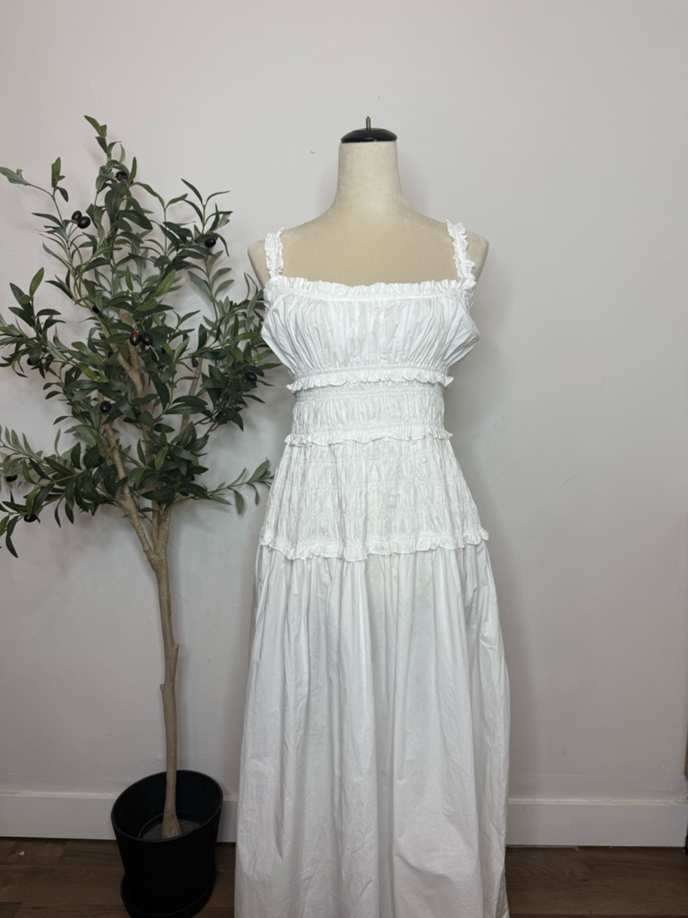 Doen White Smocked Maxi Dress with Ruffle Straps